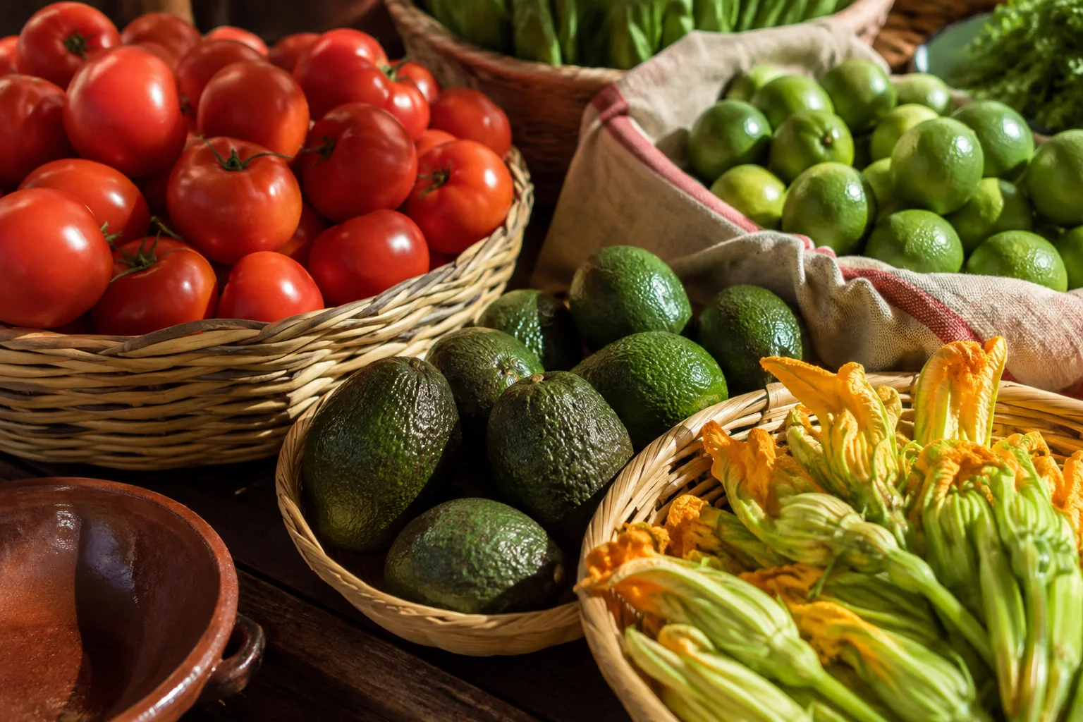 Jitomates, aguacates y productos frescos en canastas de mercado; imagen ilustrativa