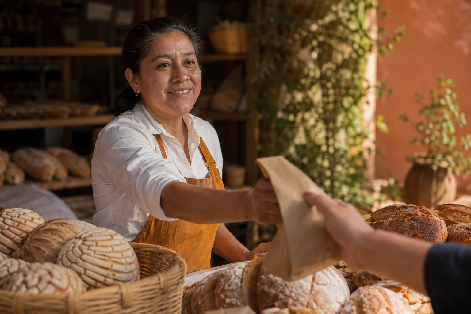 Escena ilustrativa de una panadera ofreciendo pan recién hecho en su comercio